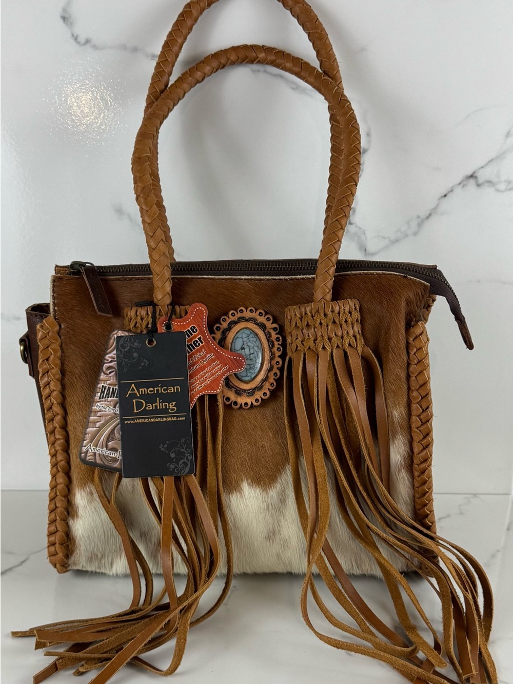 American Darling Brown and White Hair-on-Hide Fringe Shoulder/crossbody bag